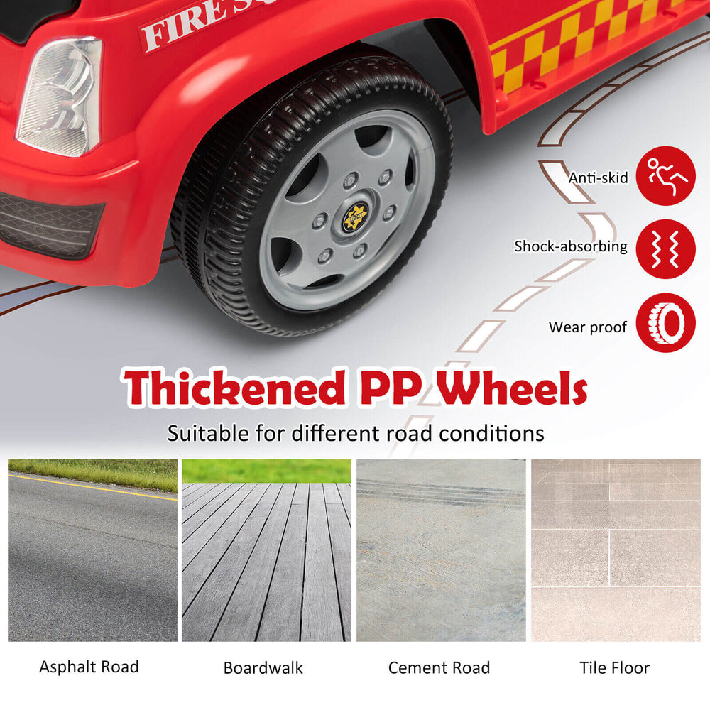 Thickened PP wheels of the red Kids Push Ride On Fire Truck, designed for stability on various flat surfaces.