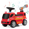 Kids push ride-on fire truck in red with ladder, bubble maker, headlights, and multifunctional features for ages 18-36.