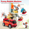 Kids push ride-on fire truck in red with bubble maker, headlights, and flexible steering for ages 18-36 months.