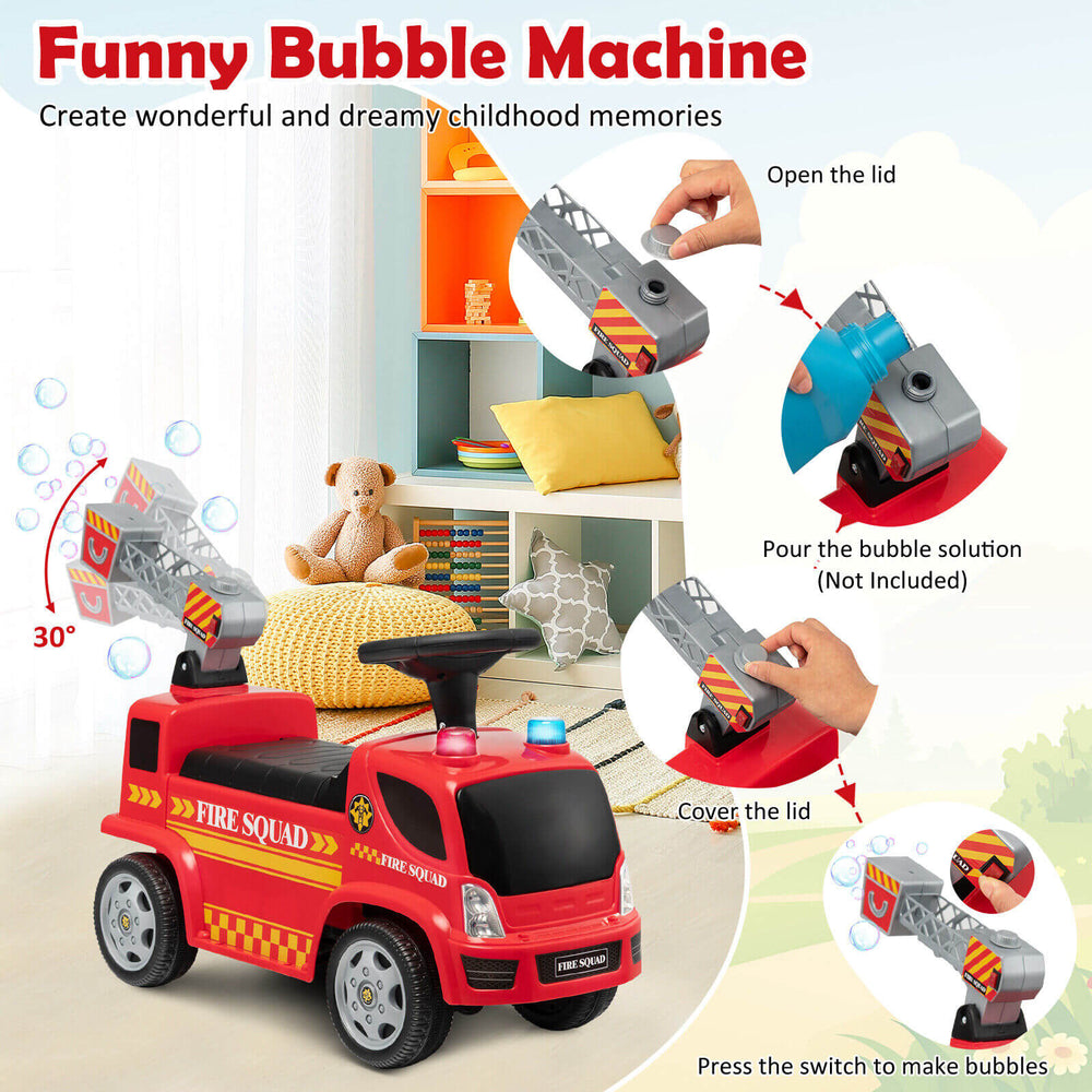 Kids push ride-on fire truck in red with bubble maker, headlights, and flexible steering for ages 18-36 months.