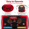 Kids push ride-on fire truck dashboard with steering wheel, music button, and bubble maker for fun outdoor play.