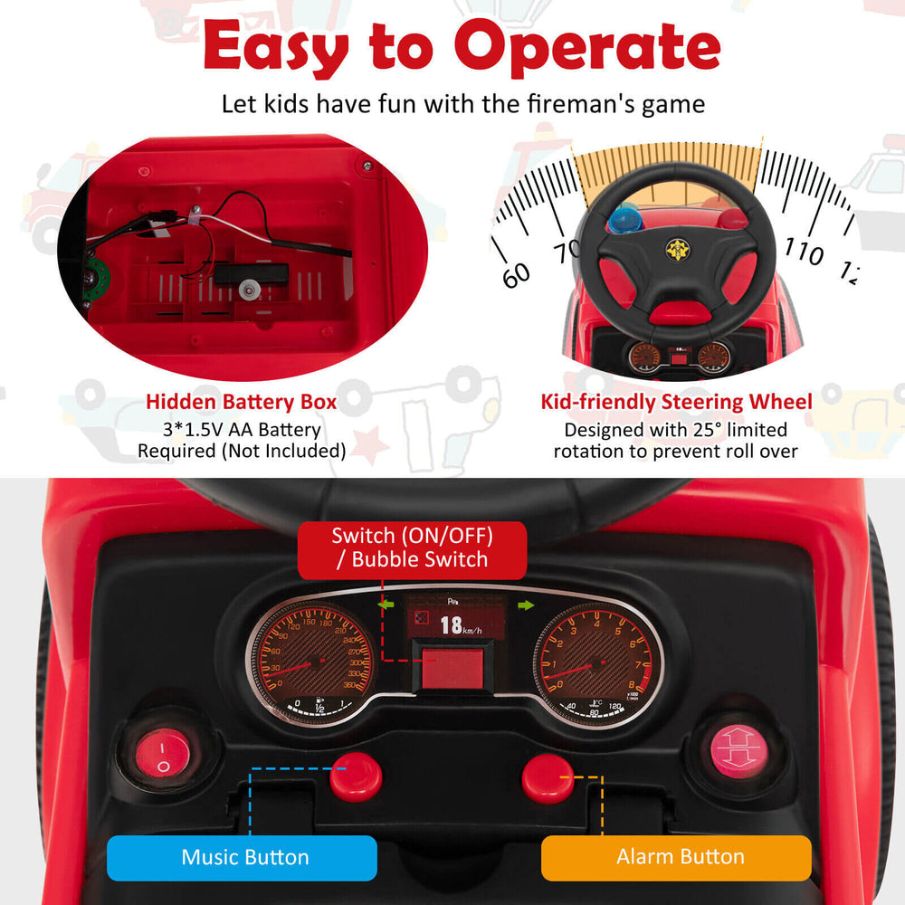 Kids push ride-on fire truck dashboard with steering wheel, music button, and bubble maker for fun outdoor play.