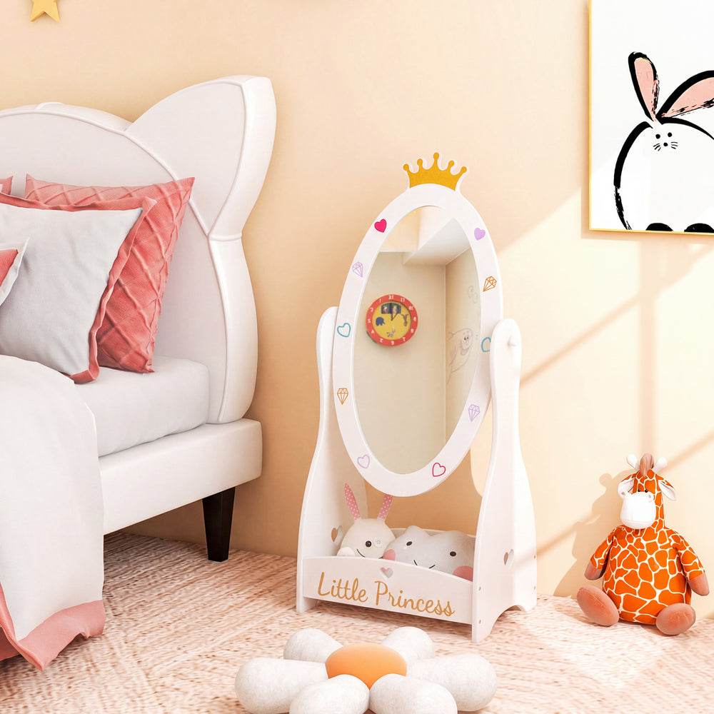 Kids full-length mirror with a rotatable design, white finish, and bottom shelf for organized storage in a playful style.