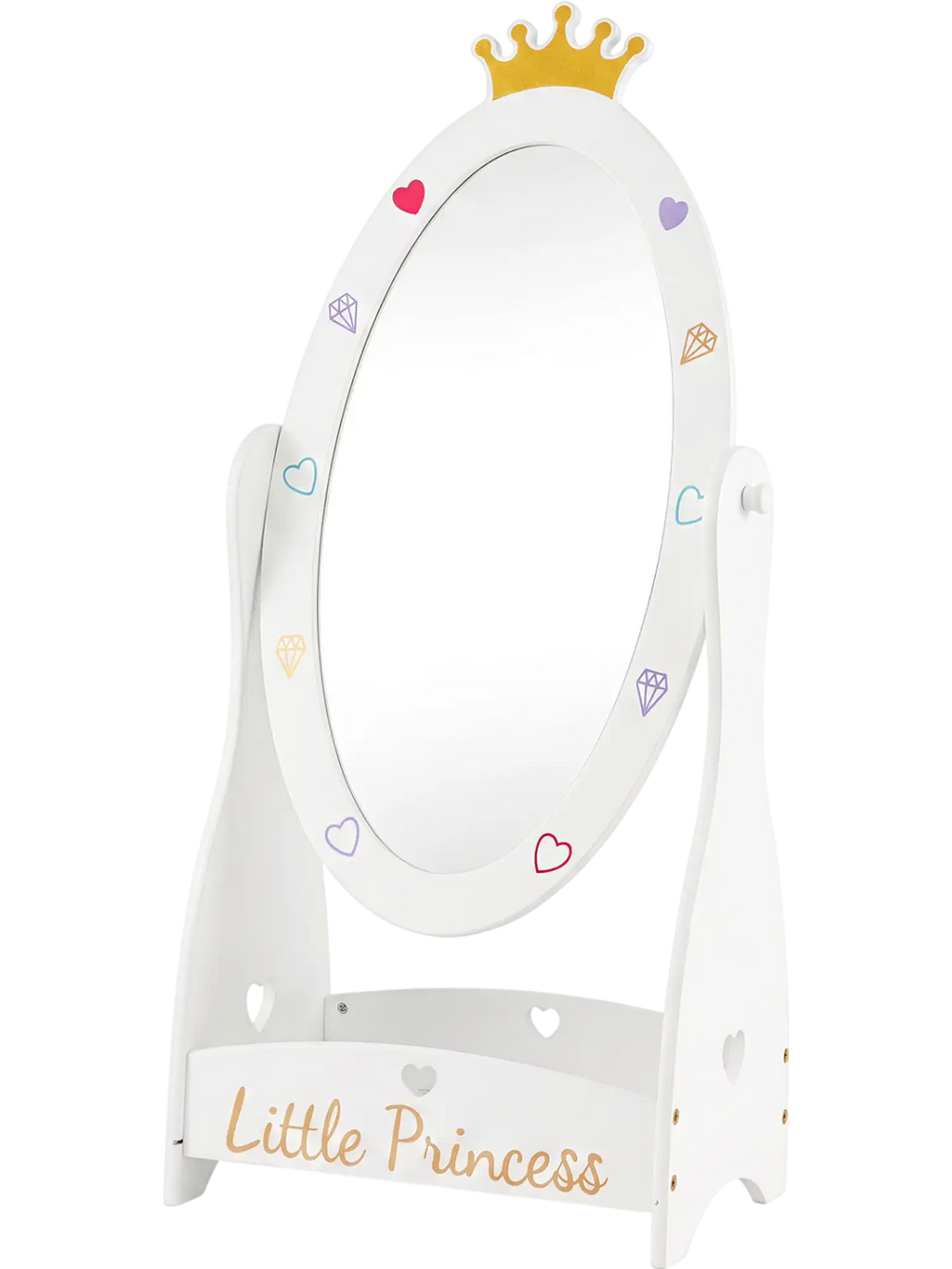 Kids full-length mirror with a rotatable design, white finish, and storage shelf, perfect for little princesses.