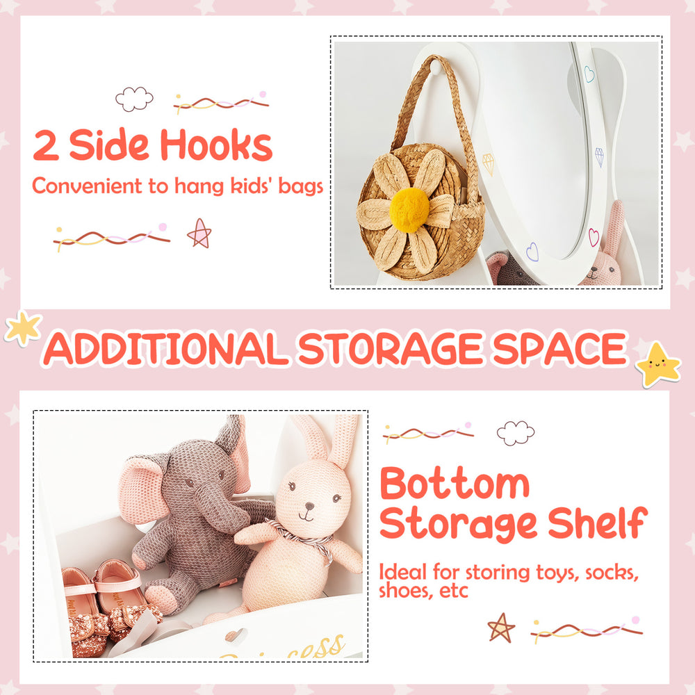 Kids full-length mirror with a rotatable design, featuring a bottom storage shelf and two side hooks for organization.