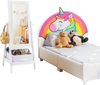 Kids full-length mirror with 360° rotation and storage bin, featuring a durable white design for easy dressing.
