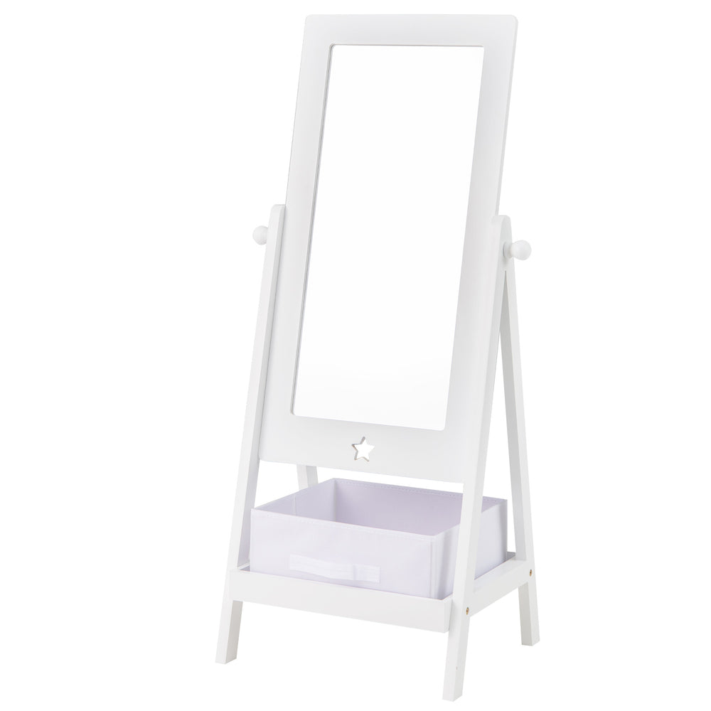 Kids full-length mirror with 360-degree rotation and storage bin, made of durable wood, perfect for dressing.