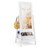 Kids full-length mirror with 360-degree rotation and storage bin, made of durable wood, perfect for dressing and play.