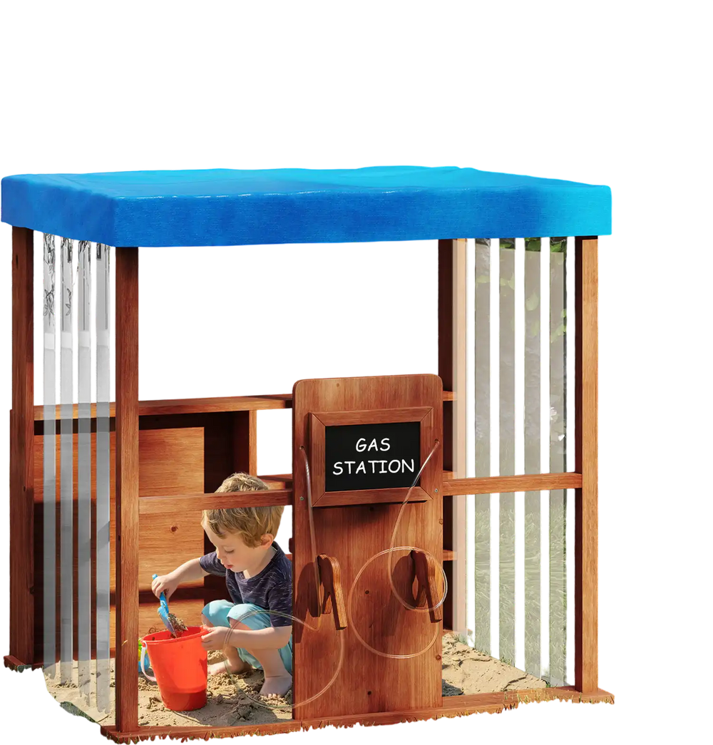 Kids Gas Station Playhouse in brown with waterproof canopy, gas refueling guns, and storage shelves for imaginative.