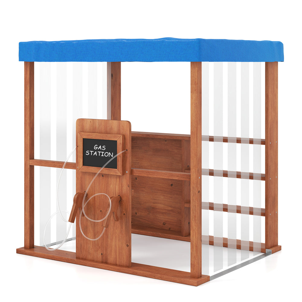 Kids gas station playhouse in brown with blue canopy, featuring refueling guns and storage shelves for imaginative play.