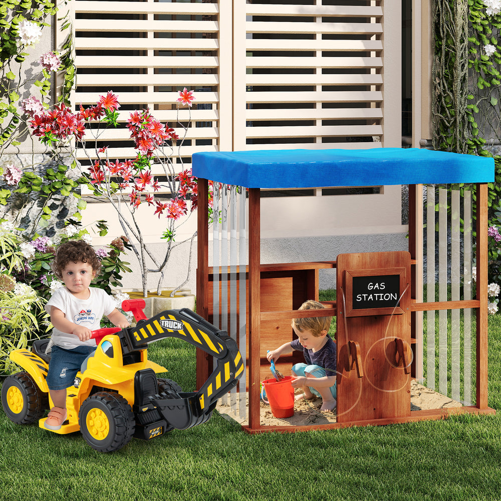 Kids Gas Station Playhouse with gas refueling guns and waterproof canopy, perfect for imaginative outdoor play.