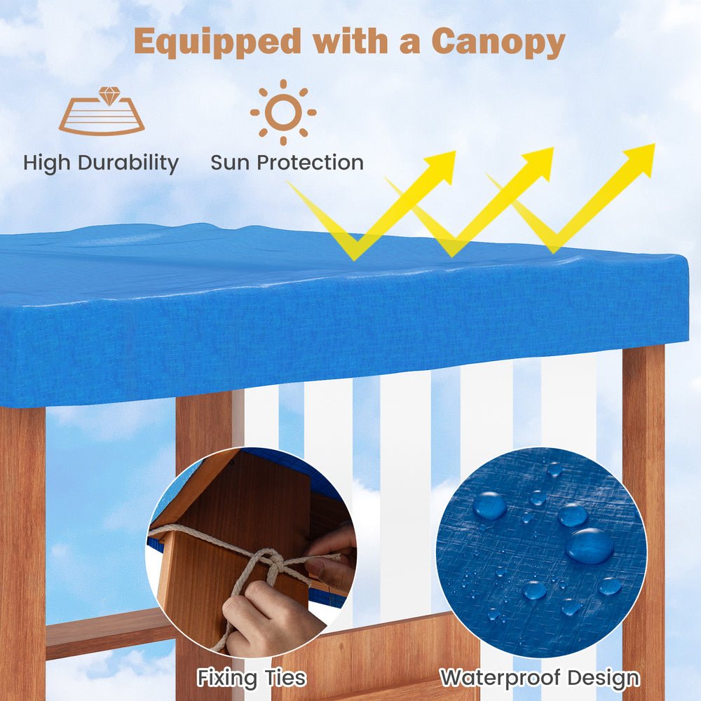 Kids gas station playhouse with waterproof canopy, simulated gas guns, and durable cedar wood for imaginative play.