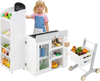 Kids grocery store playset with shopping cart, featuring a chalkboard, realistic scanner, and ample display space for.