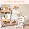 Toy shopping cart with non-slip wheels, perfect for kids' imaginative grocery play in a white wooden playset.