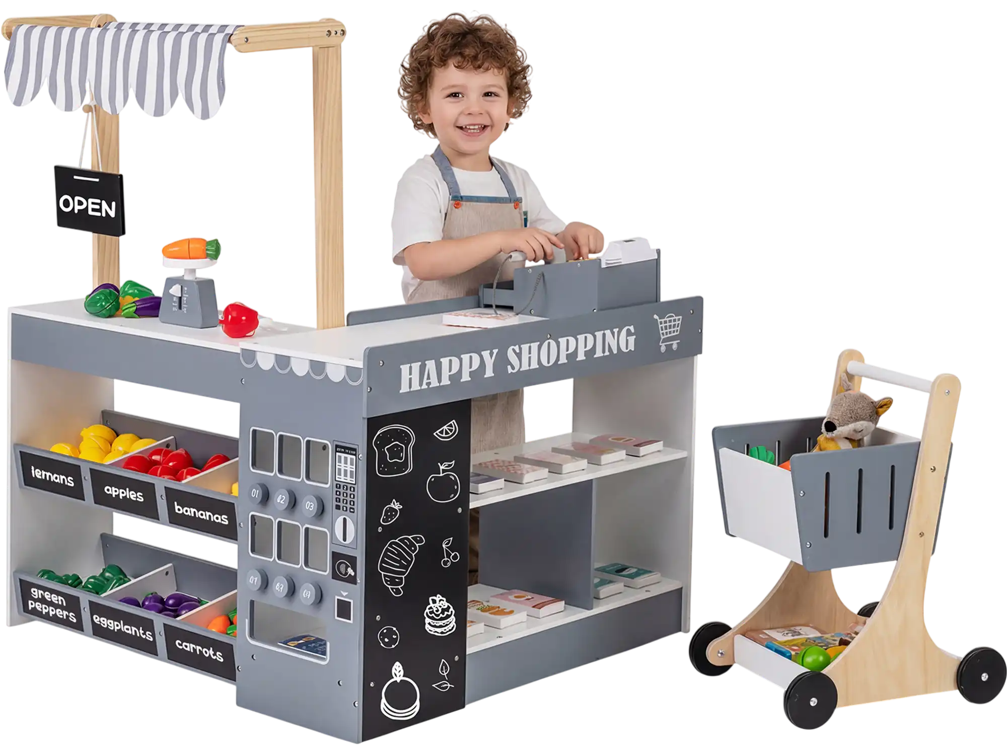 Costway Kids Wooden Grocery Store Playset Shopping Cart 48060176 New