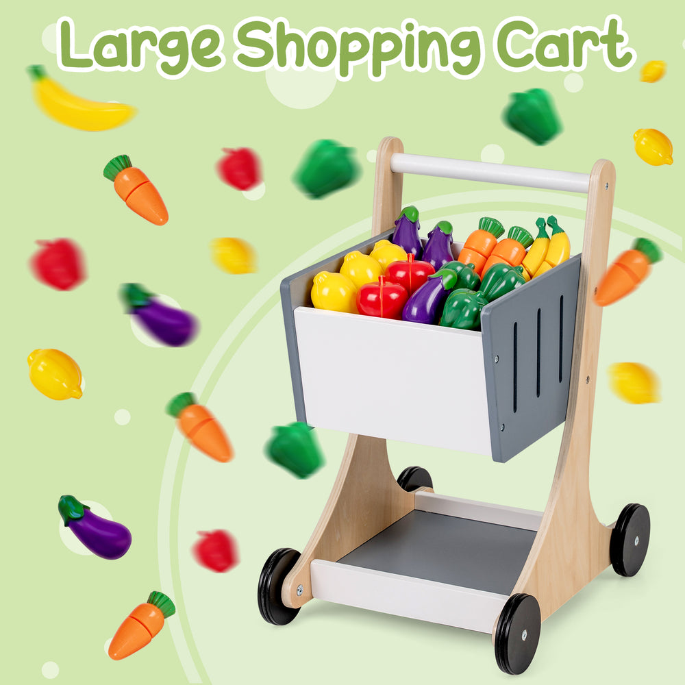 Large wooden shopping cart with colorful vegetable accessories for kids' imaginative grocery store play.