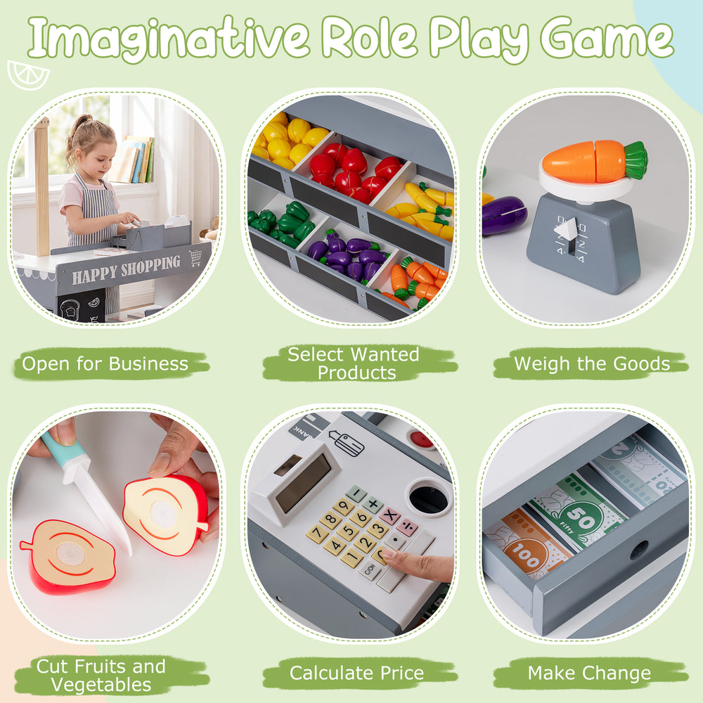 Kids grocery store playset with shopping cart, checkout counter, and interactive accessories for imaginative role play.