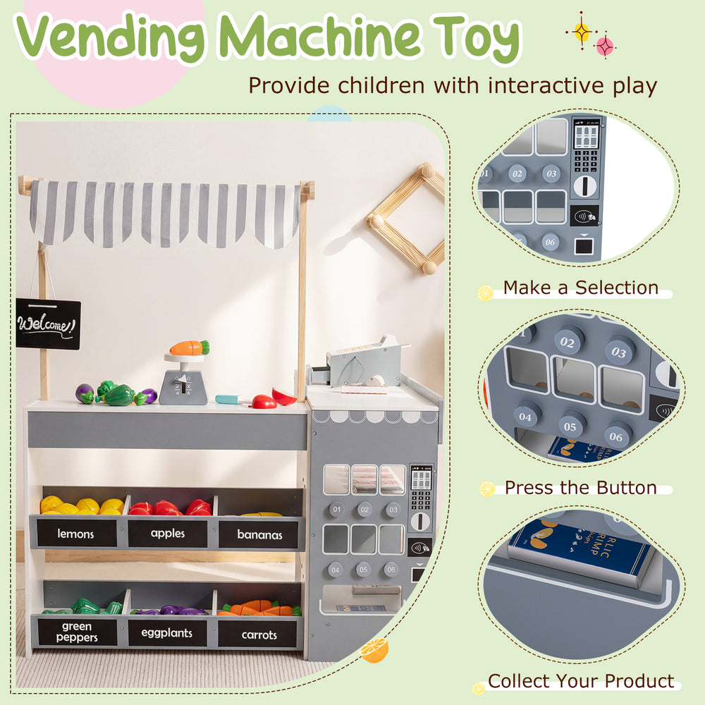 Kids grocery store playset with wooden vending machine, shopping cart, and interactive accessories for imaginative play.