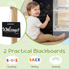 Kids grocery store playset with shopping cart, blackboards for counting and drawing, promoting imaginative role play.