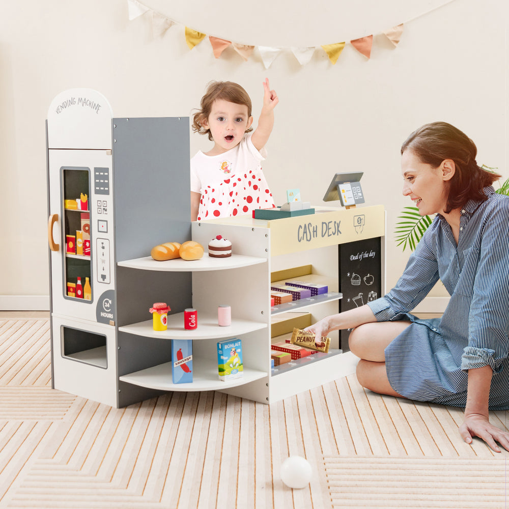 Kids grocery store playset showcasing the cash register POS machine and extra chalkboard for creative role play and.
