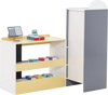 Kids grocery store playset with cash register, three shelves, and 13 toy food items for imaginative role play.