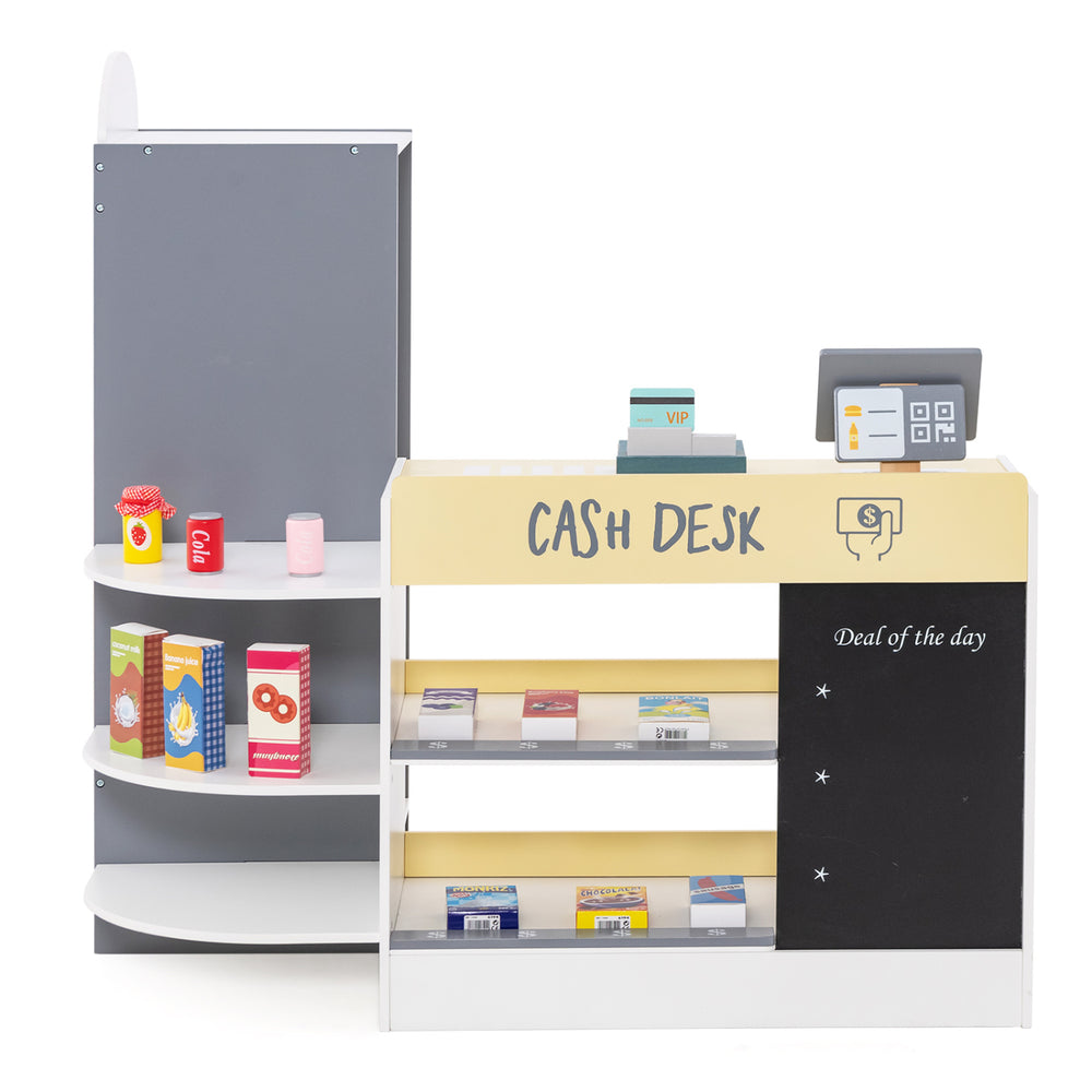 Kids grocery store playset featuring a cash desk, POS machine, and shelves, designed for imaginative role play.