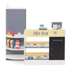 Kids grocery store playset featuring a cash desk, POS machine, and shelves, designed for imaginative role play.