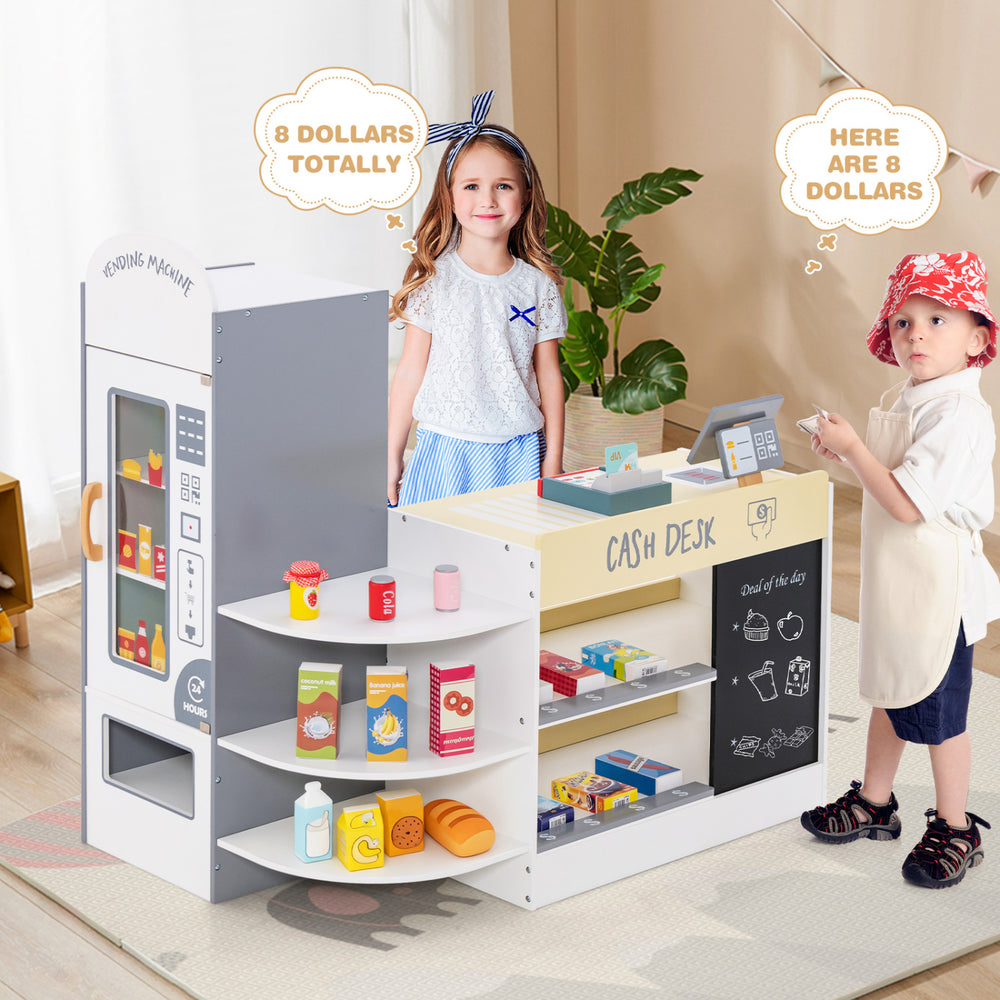 Kids grocery store playset featuring a cash register, vending machine, and 13 toy foods for imaginative role play.