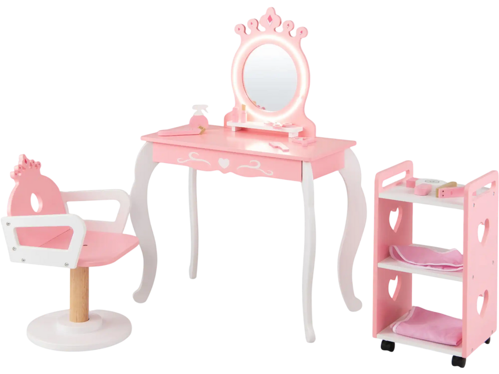 Kids hair salon play set featuring a pink vanity with LED mirror, swivel chair, and rolling cart for imaginative play.