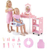Kids hair salon play set featuring a pink vanity with LED mirror, swivel chair, and various salon accessories for.
