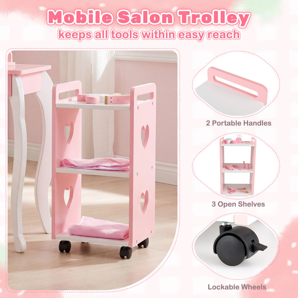 Kids hair salon trolley in pink with 3 open shelves, portable handles, and lockable wheels for easy mobility.