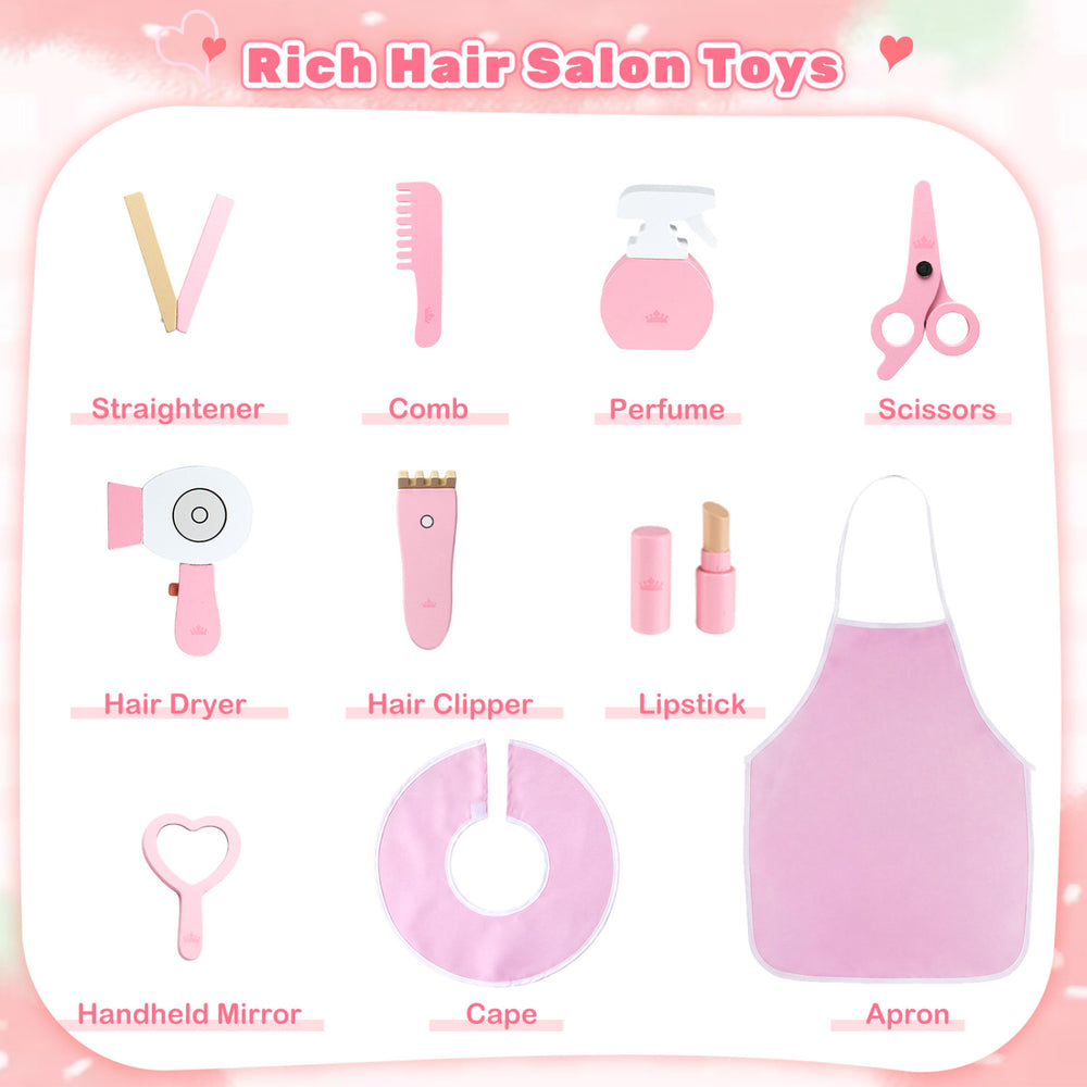 Kids hair salon play set featuring pink salon toys including scissors, comb, and hair dryer for imaginative play.