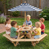Kids hexagonal picnic table with adjustable umbrella, featuring six benches for outdoor fun and sturdy natural wood construction.