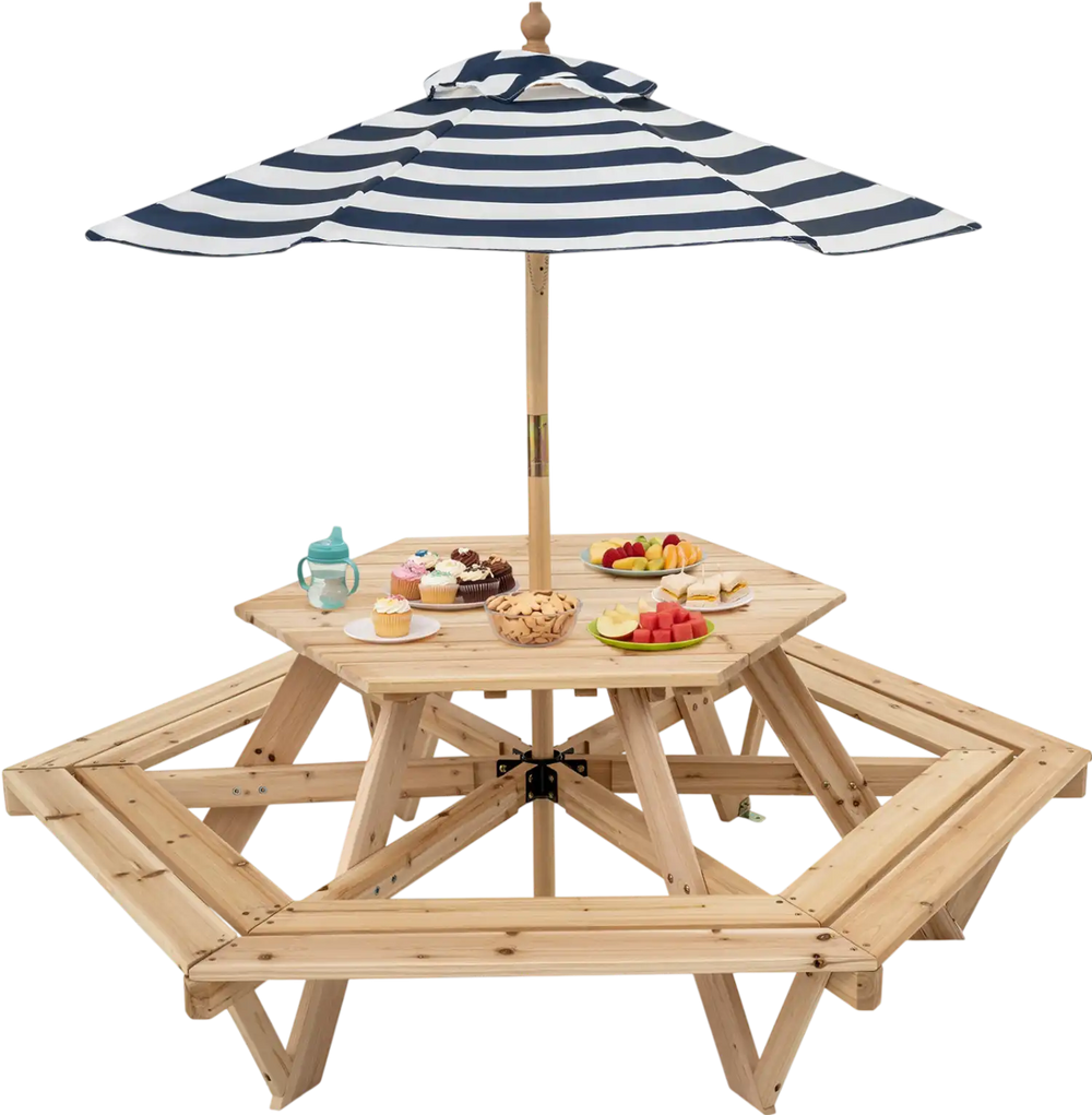 Kids hexagonal picnic table with adjustable umbrella, featuring solid wood construction and six benches for outdoor fun.
