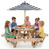 Kids hexagonal picnic table with adjustable umbrella, featuring six benches for comfortable seating and sturdy wood construction.