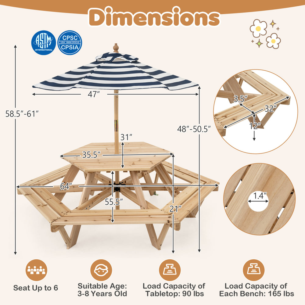Kids hexagonal picnic table with adjustable umbrella, featuring solid wood, six benches, and waterproof fabric for outdoor fun.
