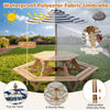 Kids hexagonal picnic table with a removable waterproof umbrella, featuring 6 benches for comfortable outdoor seating.