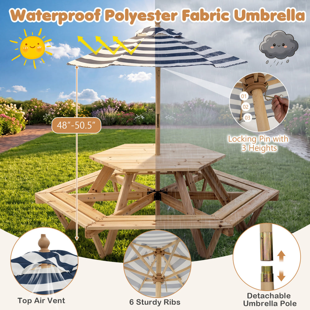 Kids hexagonal picnic table with a removable waterproof umbrella, featuring 6 benches for comfortable outdoor seating.