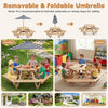 Kids hexagonal picnic table with removable umbrella, featuring six benches for outdoor or indoor gatherings.
