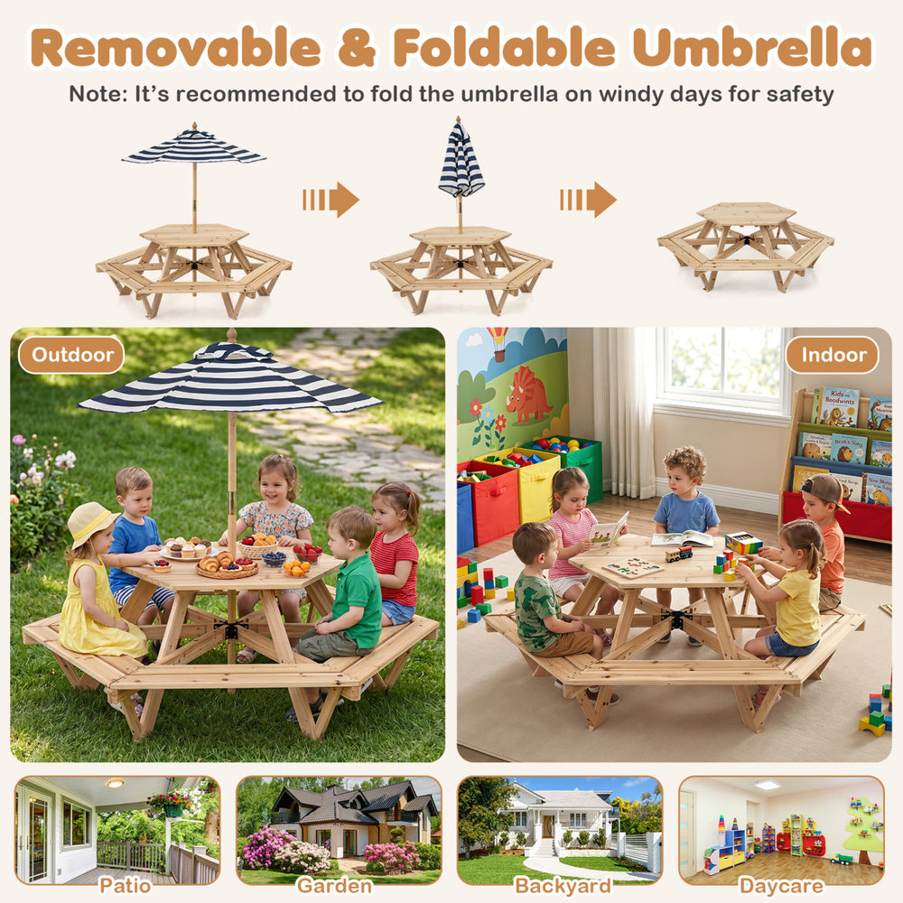Kids hexagonal picnic table with removable umbrella, featuring six benches for outdoor or indoor gatherings.