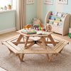 Kids hexagonal picnic table with six benches, adjustable umbrella, and sturdy natural wood design for indoor or outdoor fun.