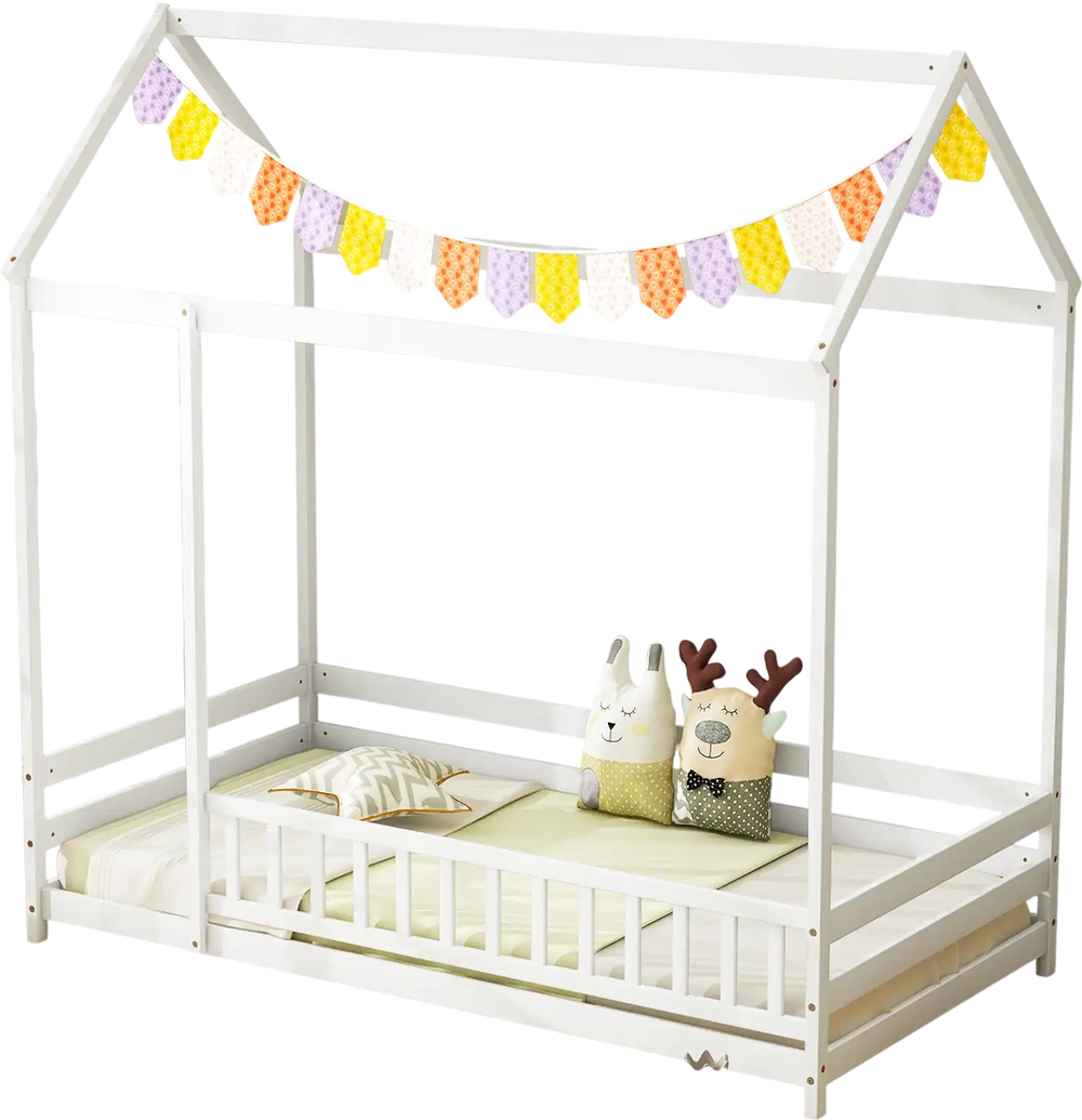 Twin size kids house bed in white with roof, safety guardrail, and playful decorations for imaginative sleep and play.