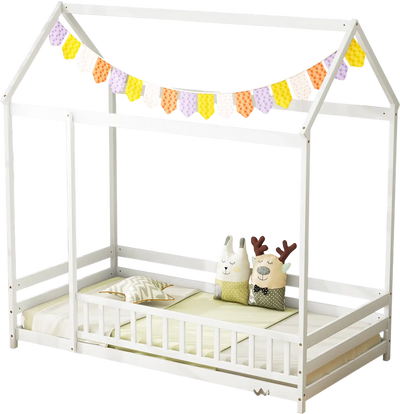 Costway Twin Kids House Bed Wooden Floor Roof Guardrail White 41835926 New