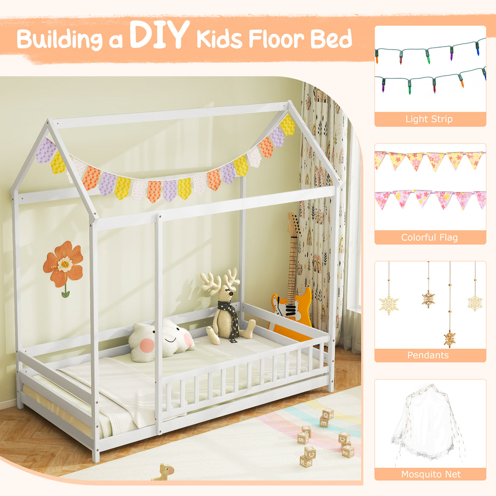 Twin size kids house bed in white with roof, safety guardrail, perfect for imaginative play and comfortable sleeping.