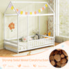 Twin size kids house bed in white with roof, full-length safety guardrail, perfect for imaginative play and sleeping.