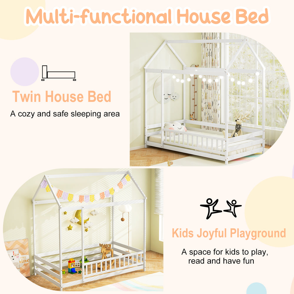 Twin size kids house bed in white wood with roof and safety guardrail, perfect for imaginative play and cozy sleeping.
