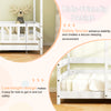 Twin size kids house bed in white with roof and full-length safety guardrail, ideal for imaginative play and safe.