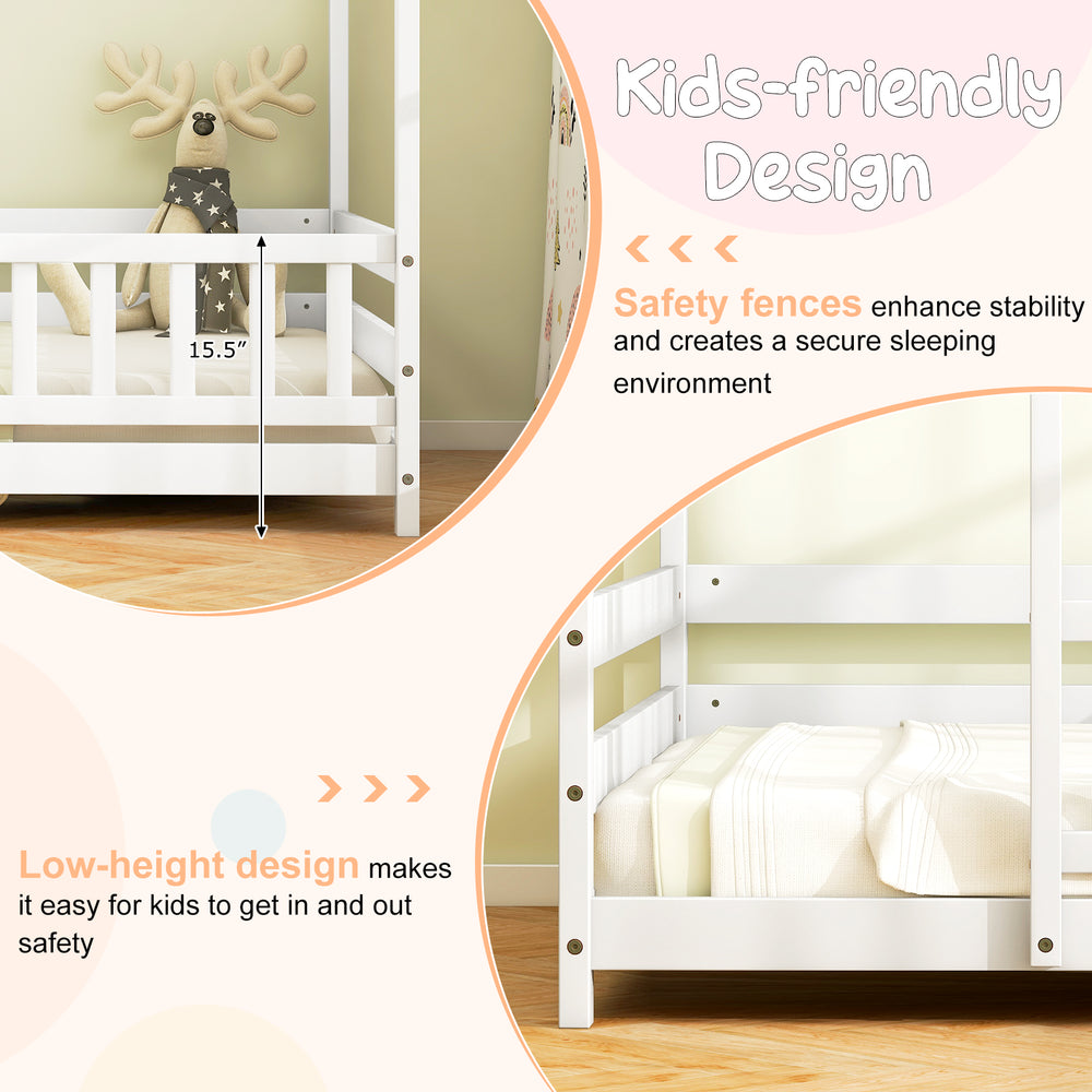 Twin size kids house bed in white with roof and full-length safety guardrail, ideal for imaginative play and safe.