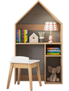 House-shaped kids desk and chair set in gray with storage, blackboard, and sturdy design for safe play and learning.