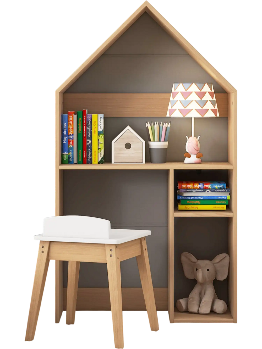 House-shaped kids desk and chair set in gray with storage, blackboard, and sturdy design for safe play and learning.